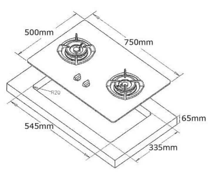 Tecno Uno T 22 TGSV / MTGY Toughened Glass Hob (SCHOTT) Matte Grey 75cm, V.V.S  2 Burners (2x Big)