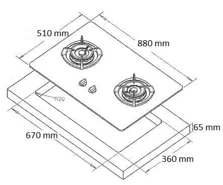 Tecno Uno T 2288 TGSV Toughened Glass Hob (SCHOTT)  88cm, V.V.S, INFERNO*  2 Burner (2x Big)