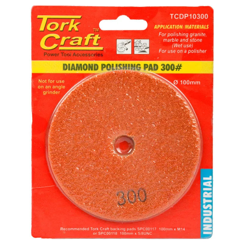 TORK CRAFT 100MM DIAMOND WET POLISHING PAD 300 GRIT ORANGE TCDP10300