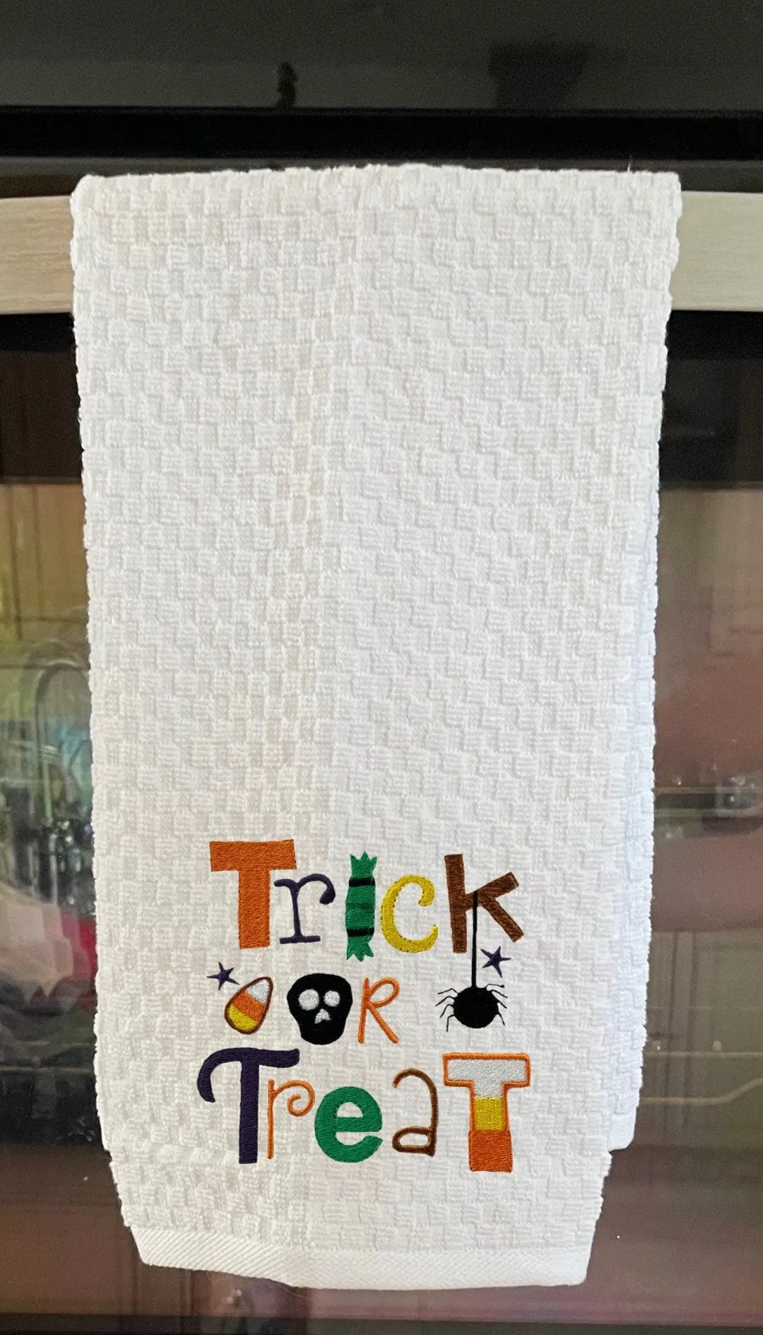 Trick or Treat Halloween Embroidered Kitchen Towel. 100% Cotton Towels