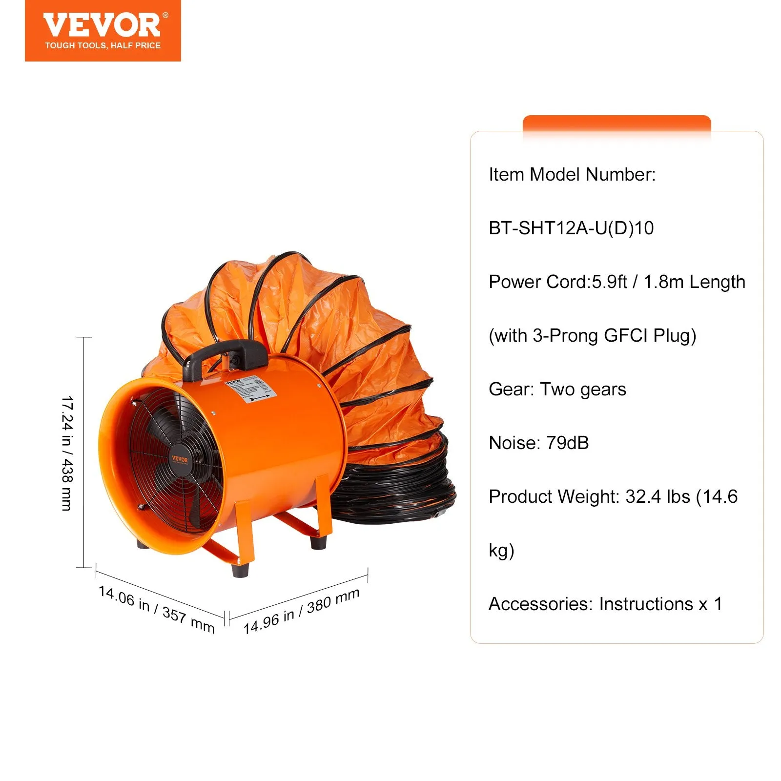 Vevor 12" Portable Ventilator 560W Heavy Duty Fan 32.8' Duct Hose 2894 CFM Industrial Exhaust Blower New