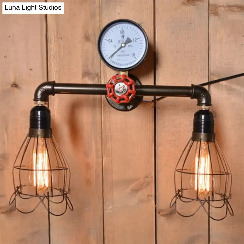 Vintage Black Metal Wall Light with Wire Frame Mount - includes 2 Bulbs and Pressure Gauge Deco