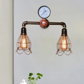 Vintage Black Metal Wall Light with Wire Frame Mount - includes 2 Bulbs and Pressure Gauge Deco