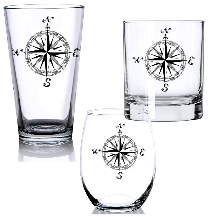 Vintage Compass Rose Glass Barware