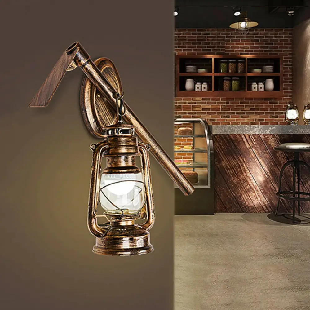 Vintage Lantern Style Wall Hanging Sconce Light in Bronze with Clear Glass and Metal Hoe Deco - Perfect for Living Room Lighting