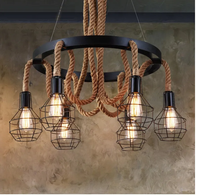 Vintage Loft American Hemp Rope Pendant Lamp Retro Industrial Hanging Lights Fixture Chandelier