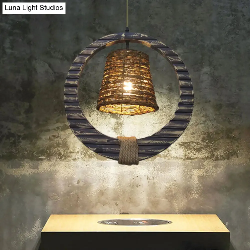 Vintage Rattan Pendant Light: Black Cone Suspension Lamp with Hemp Rope and Wood Accent