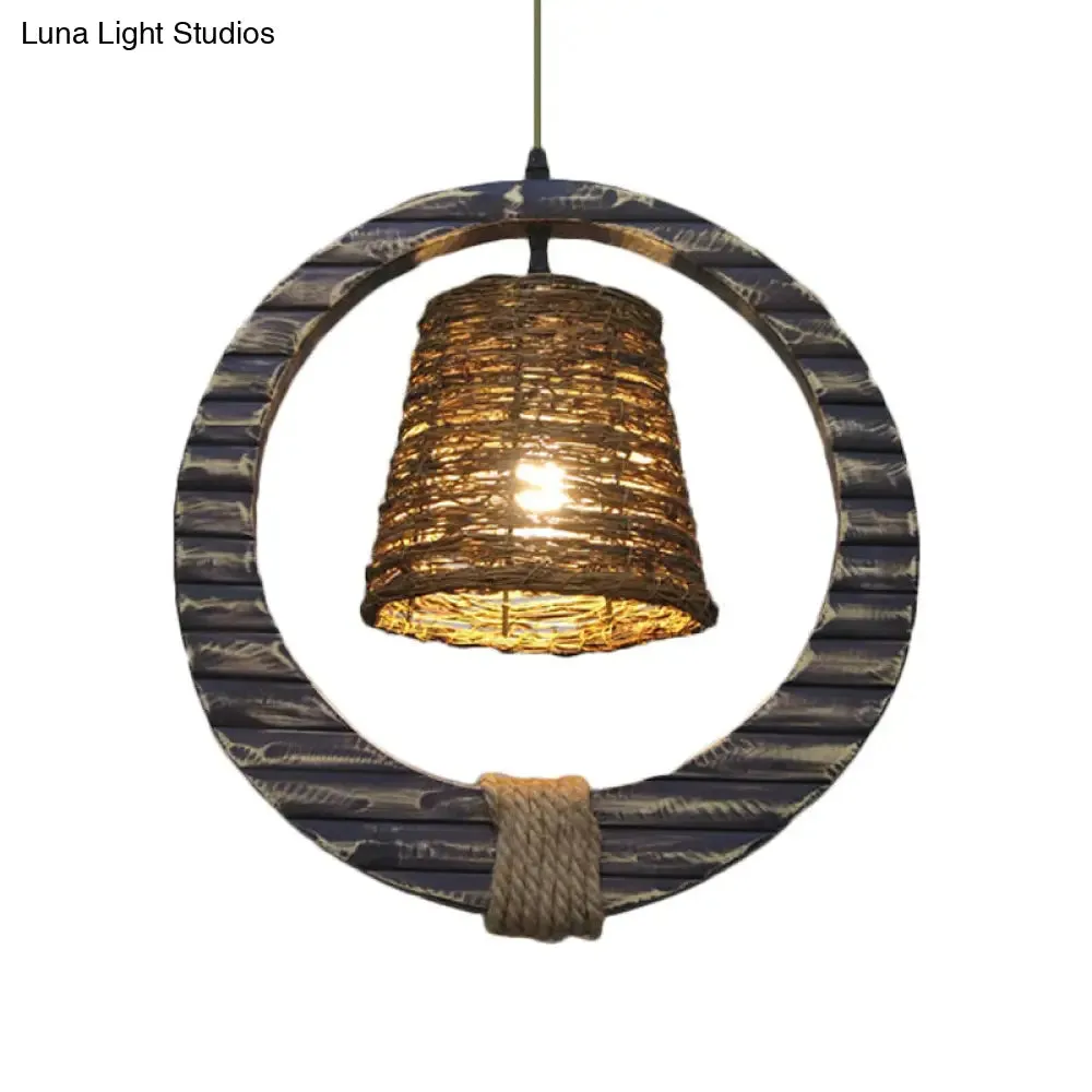 Vintage Rattan Pendant Light: Black Cone Suspension Lamp with Hemp Rope and Wood Accent