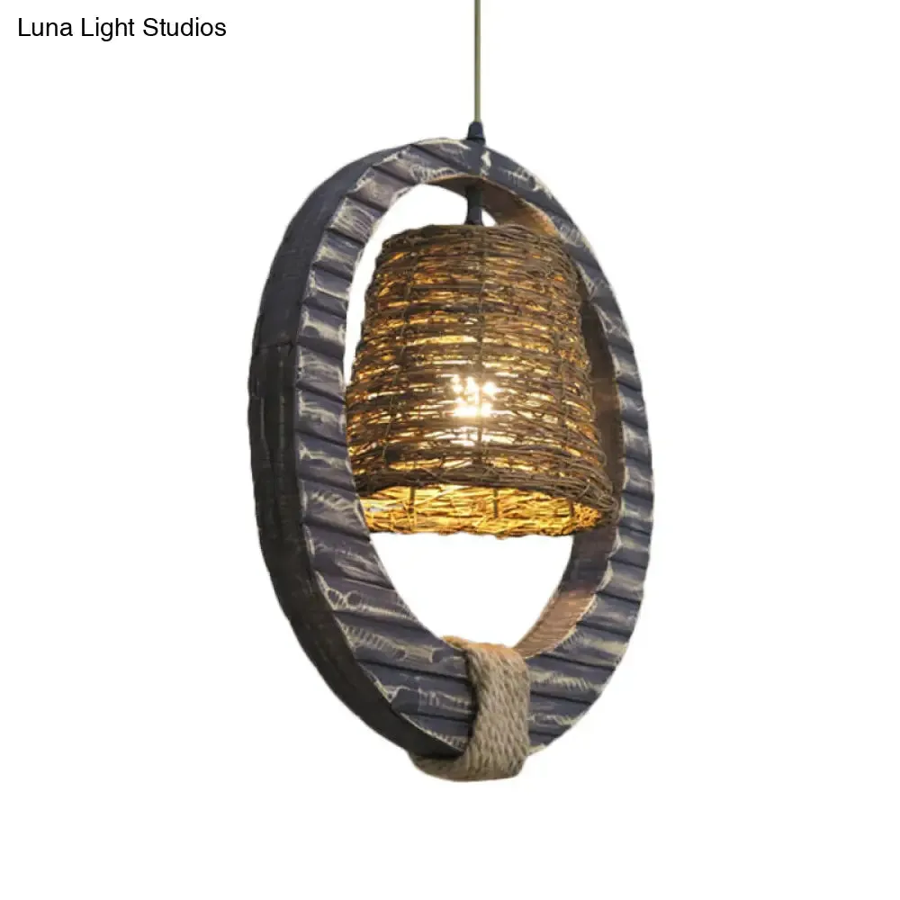 Vintage Rattan Pendant Light: Black Cone Suspension Lamp with Hemp Rope and Wood Accent