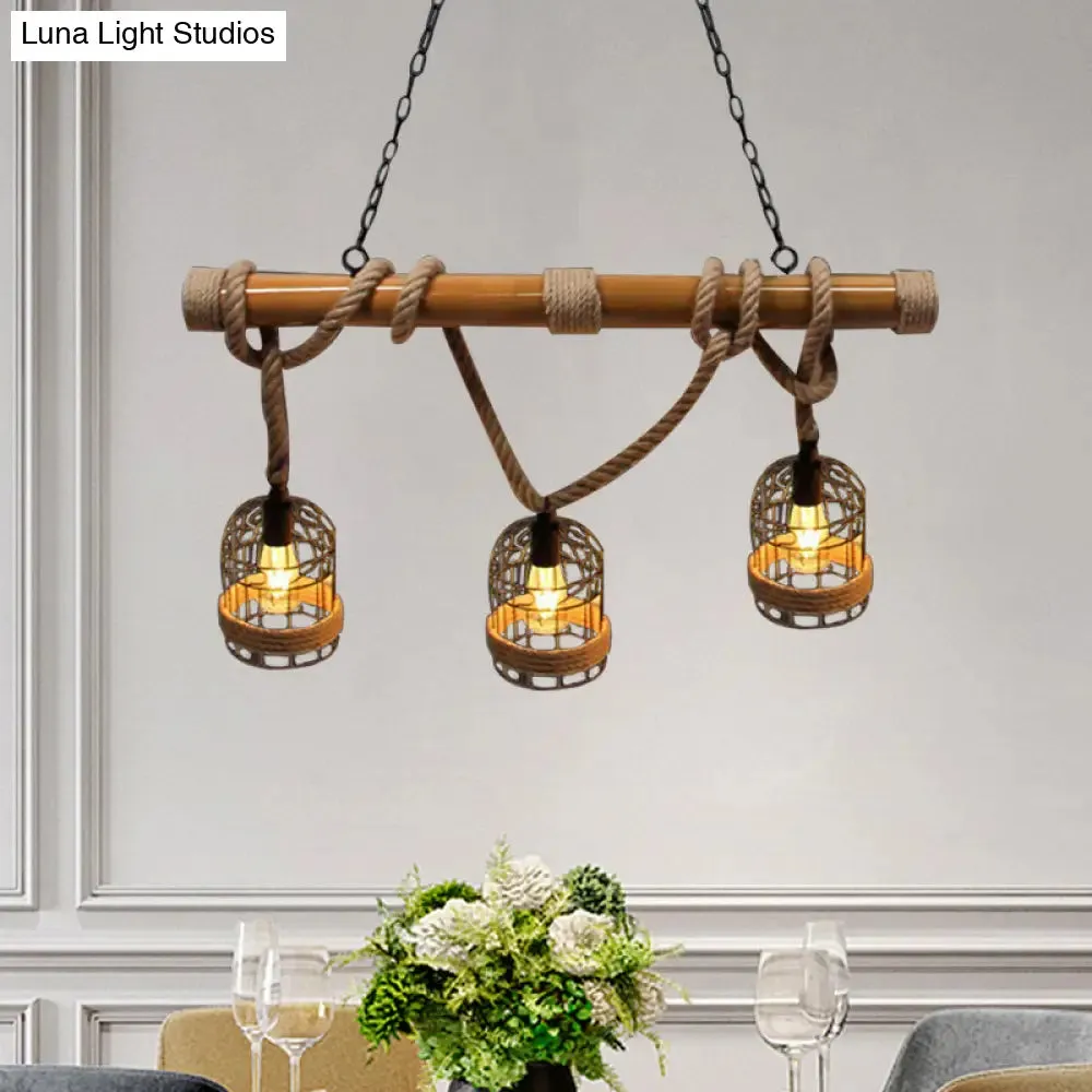 Vintage Rust Birdcage Shade Pendant Lighting with Adjustable Rope - 3-Head Metal Island Light