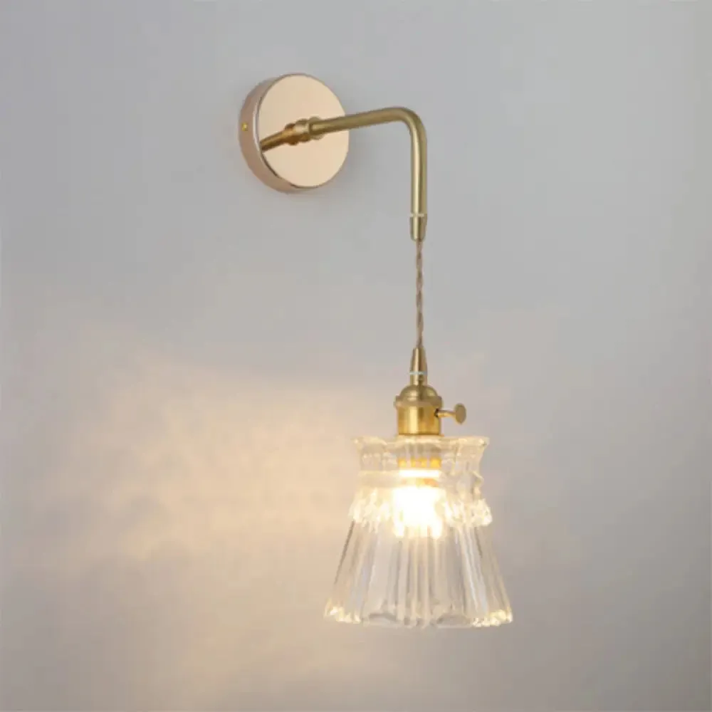 Vintage Single-Bulb Bedside Wall Mounted Lamp in Gold - Shaded Glass Wall Light Fixture