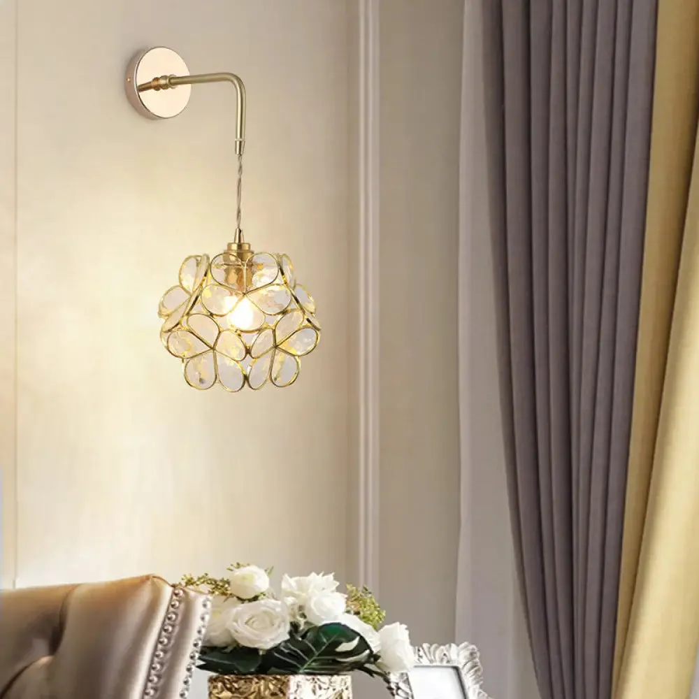 Vintage Single-Bulb Bedside Wall Mounted Lamp in Gold - Shaded Glass Wall Light Fixture