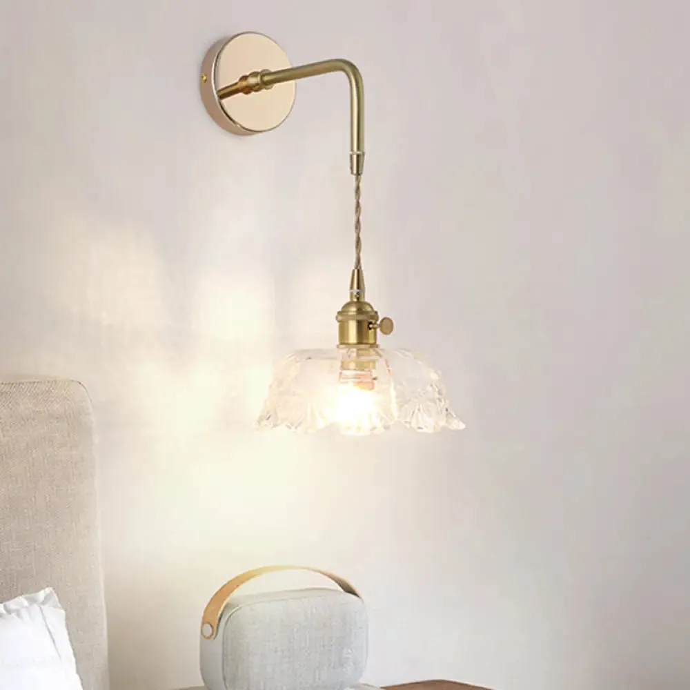 Vintage Single-Bulb Bedside Wall Mounted Lamp in Gold - Shaded Glass Wall Light Fixture