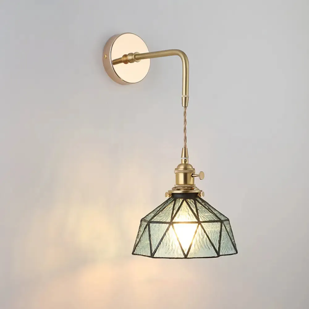 Vintage Single-Bulb Bedside Wall Mounted Lamp in Gold - Shaded Glass Wall Light Fixture