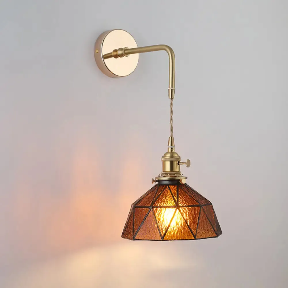 Vintage Single-Bulb Bedside Wall Mounted Lamp in Gold - Shaded Glass Wall Light Fixture