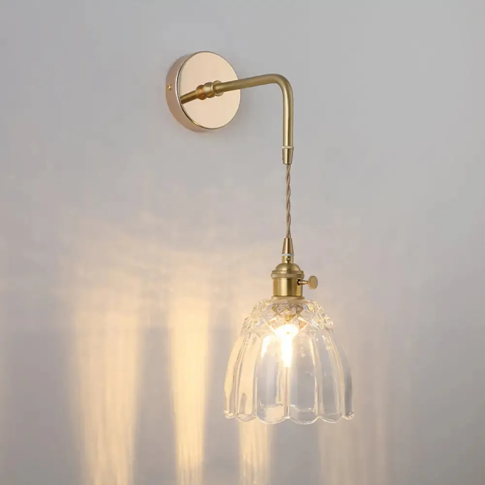 Vintage Single-Bulb Bedside Wall Mounted Lamp in Gold - Shaded Glass Wall Light Fixture