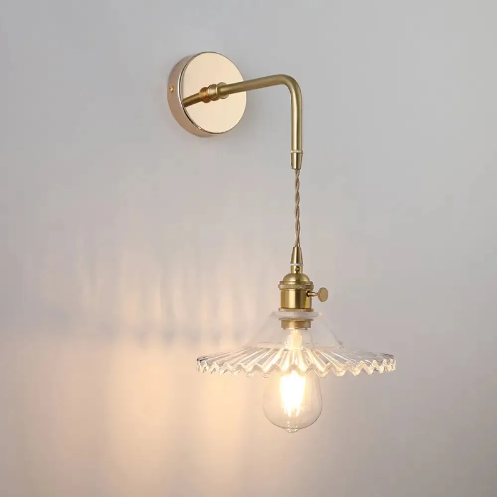 Vintage Single-Bulb Bedside Wall Mounted Lamp in Gold - Shaded Glass Wall Light Fixture