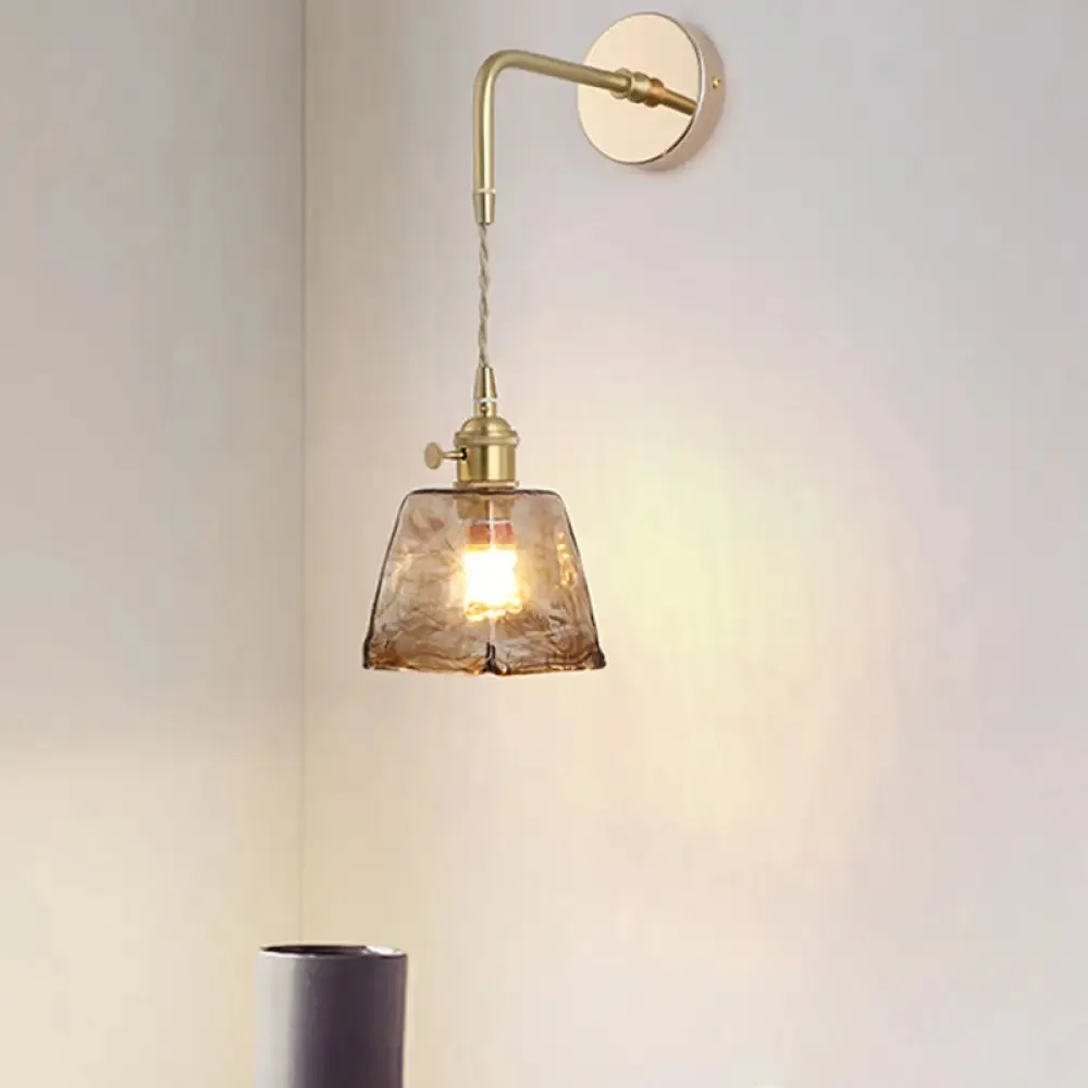 Vintage Single-Bulb Bedside Wall Mounted Lamp in Gold - Shaded Glass Wall Light Fixture