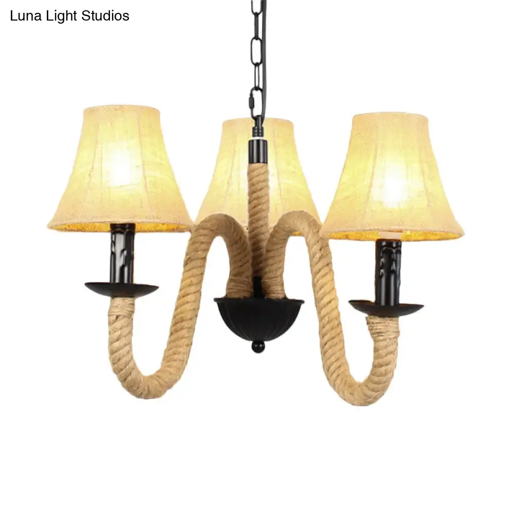 Vintage Style Beige Fabric Shade Chandelier Light Fixture with Rope Detail - Bell/Cone Hanging Lamp (3 Lights)