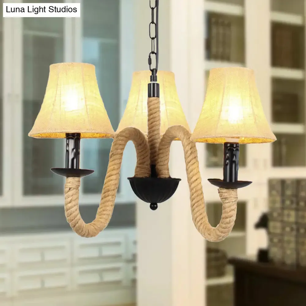 Vintage Style Beige Fabric Shade Chandelier Light Fixture with Rope Detail - Bell/Cone Hanging Lamp (3 Lights)