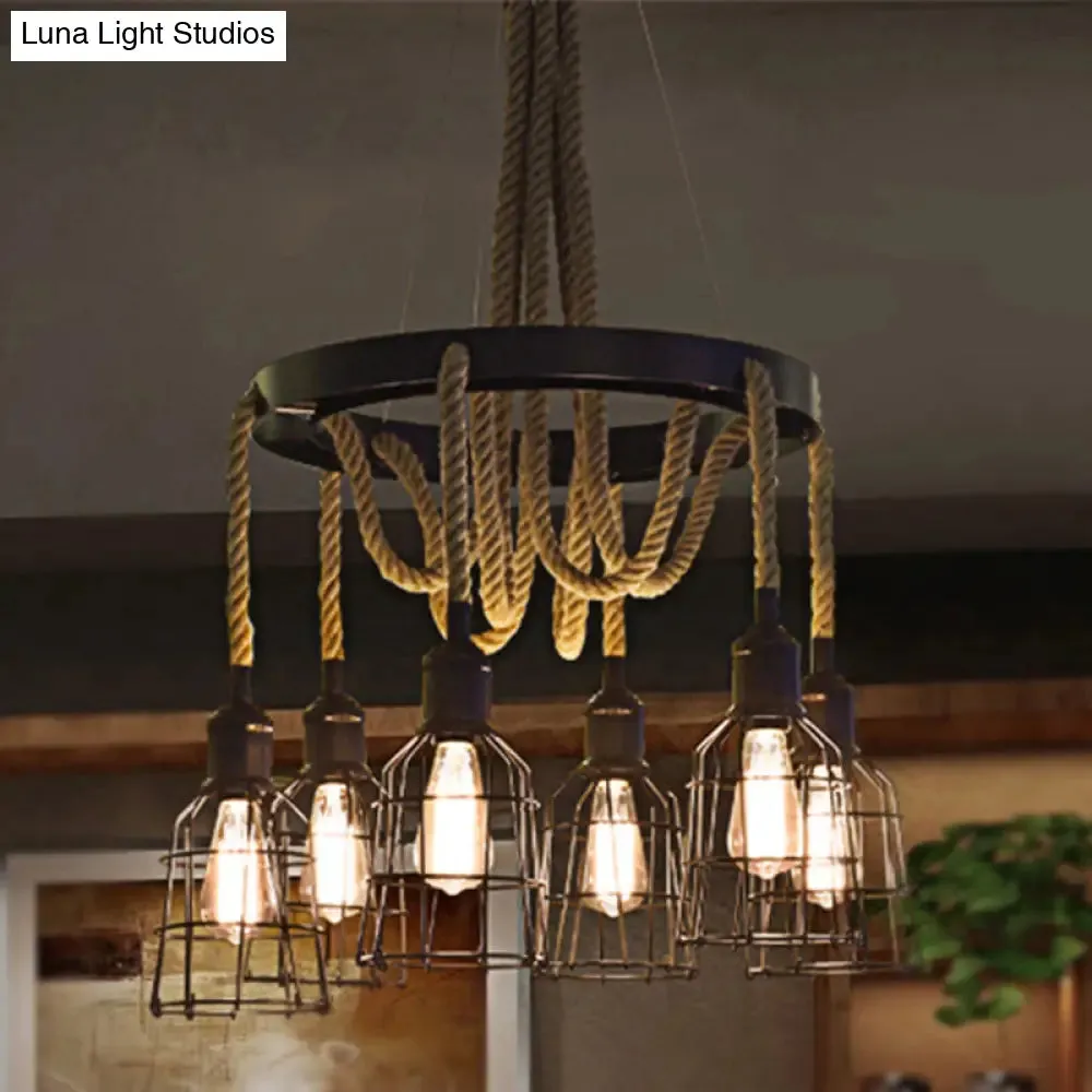 Vintage Style Black Multi-Light Chandelier Pendant with Rope Detail - Metal Global/Bell Cage Lamp