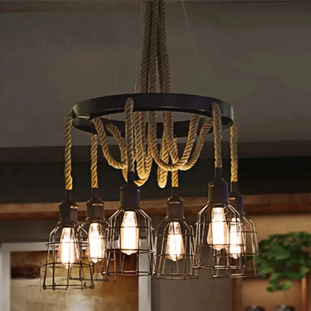 Vintage Style Black Multi-Light Chandelier Pendant with Rope Detail - Metal Global/Bell Cage Lamp