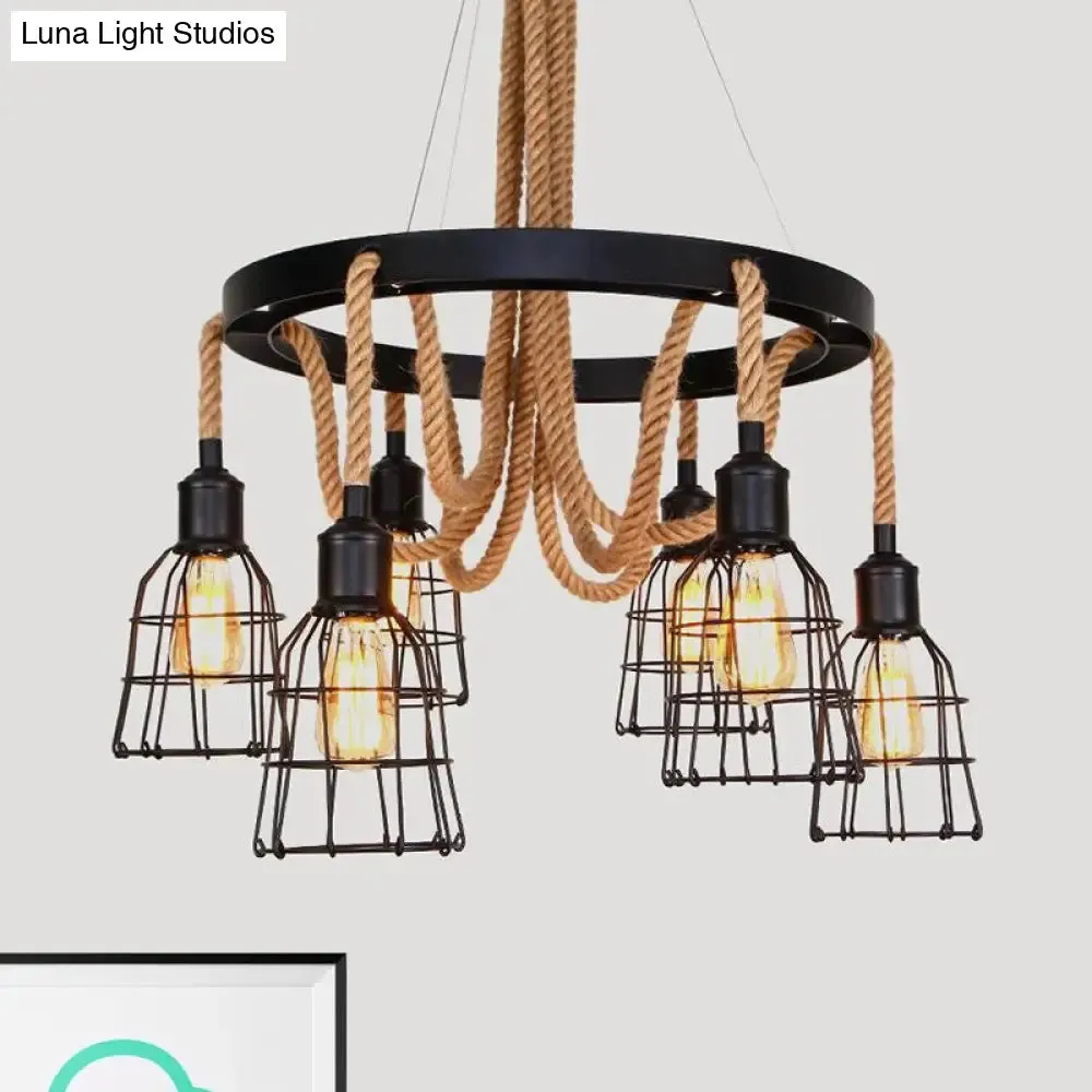 Vintage Style Black Multi-Light Chandelier Pendant with Rope Detail - Metal Global/Bell Cage Lamp