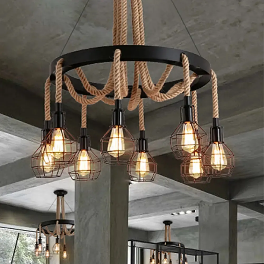 Vintage Style Black Multi-Light Chandelier Pendant with Rope Detail - Metal Global/Bell Cage Lamp