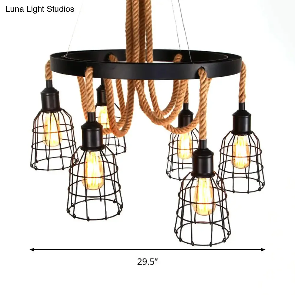 Vintage Style Black Multi-Light Chandelier Pendant with Rope Detail - Metal Global/Bell Cage Lamp