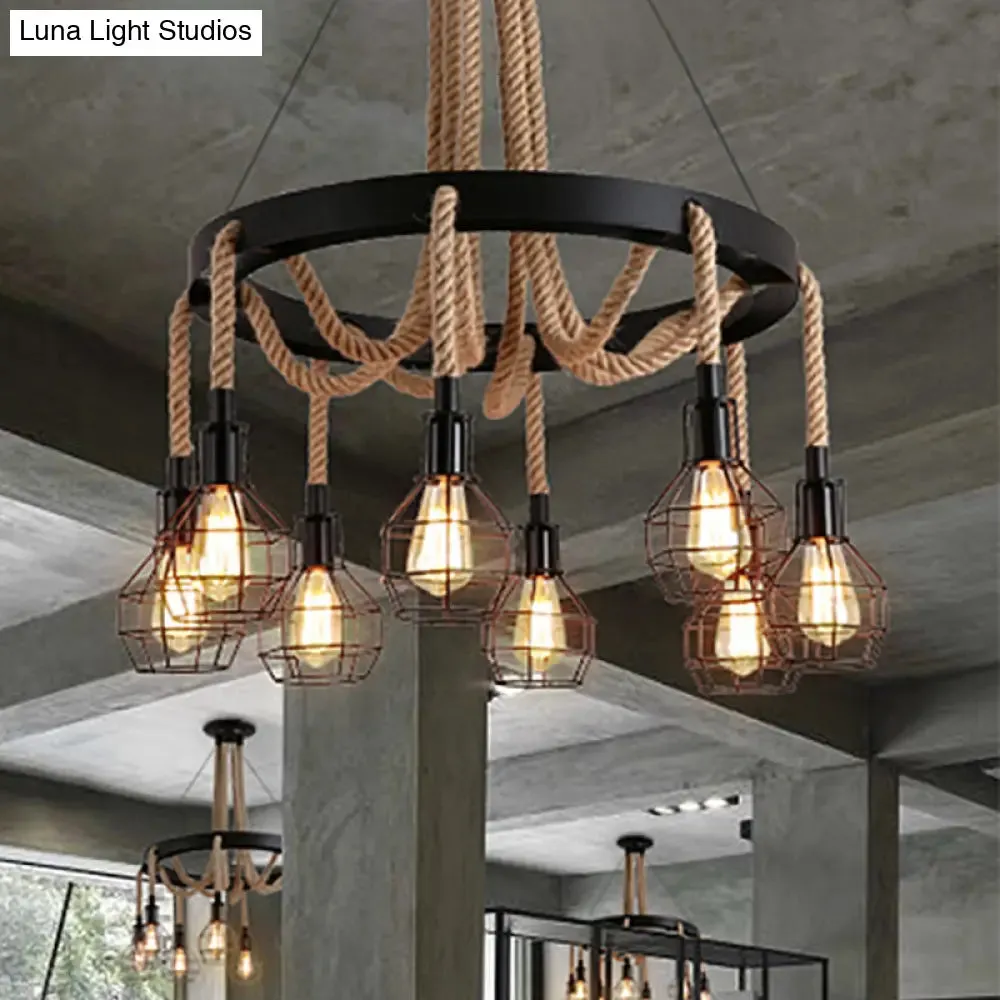 Vintage Style Black Multi-Light Chandelier Pendant with Rope Detail - Metal Global/Bell Cage Lamp