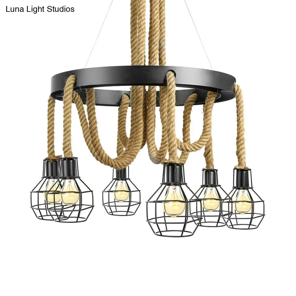 Vintage Style Black Multi-Light Chandelier Pendant with Rope Detail - Metal Global/Bell Cage Lamp