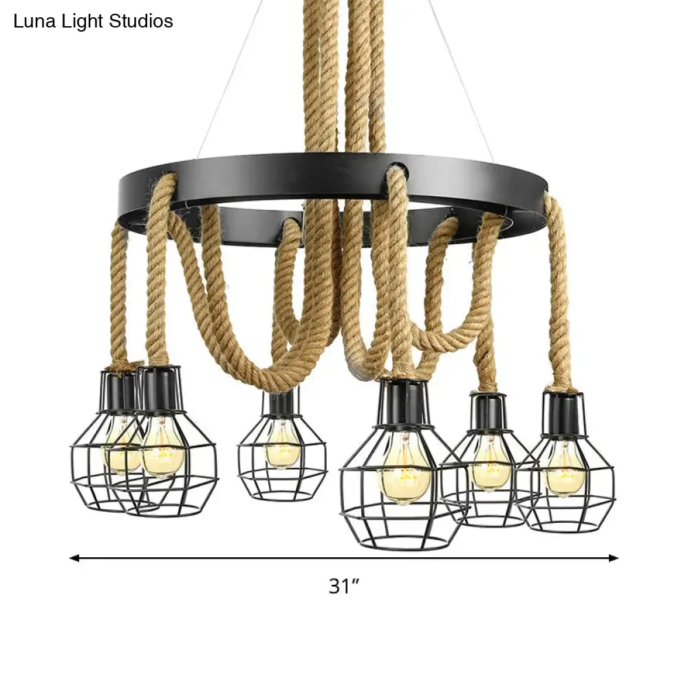 Vintage Style Black Multi-Light Chandelier Pendant with Rope Detail - Metal Global/Bell Cage Lamp