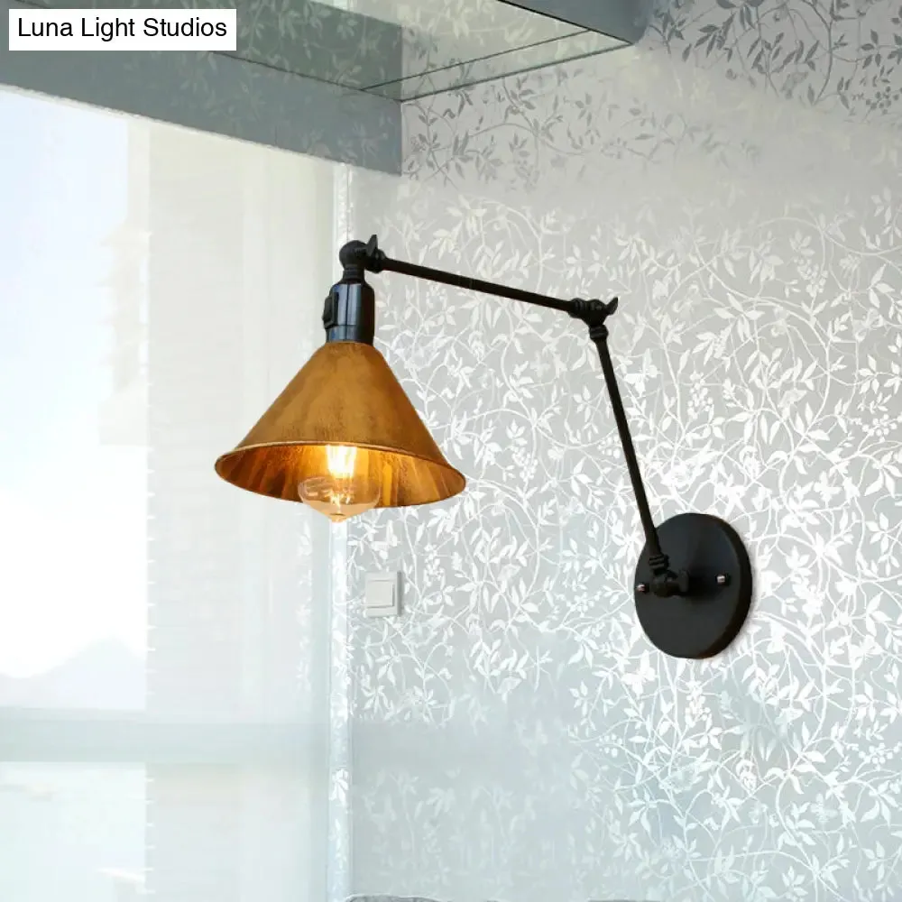 Vintage Style Swing Arm Bedroom Sconce Light with Metallic Cone Shade - Aged Brass Wall Lamp