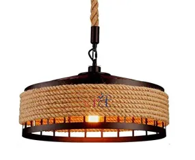 VRCT Hanging Lamp Vintage Hemp Rope Pendant Lamp Ceiling Lamp, Retro Industrial Iron Vintage Loft Ceiling Light Chandelier Rustic Hemp Rope Candlestick Pendant Lamp, Black, Round