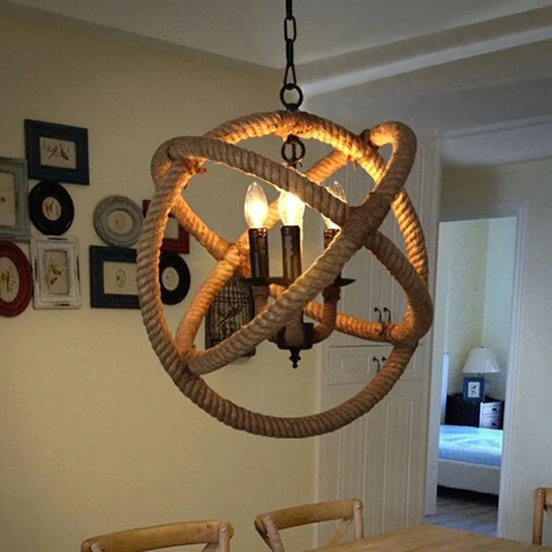 White Orbit Globe Pendant Chandelier with Hemp Rope - Farmhouse Style Ceiling Light for Dining Room - 3 Bulbs