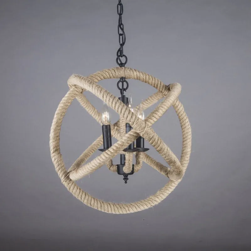 White Orbit Globe Pendant Chandelier with Hemp Rope - Farmhouse Style Ceiling Light for Dining Room - 3 Bulbs