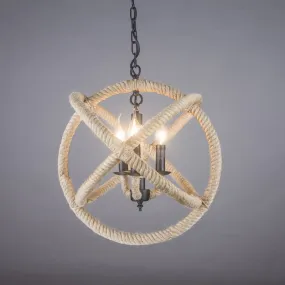 White Orbit Globe Pendant Chandelier with Hemp Rope - Farmhouse Style Ceiling Light for Dining Room - 3 Bulbs