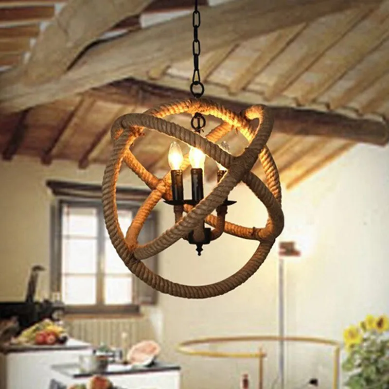 White Orbit Globe Pendant Chandelier with Hemp Rope - Farmhouse Style Ceiling Light for Dining Room - 3 Bulbs