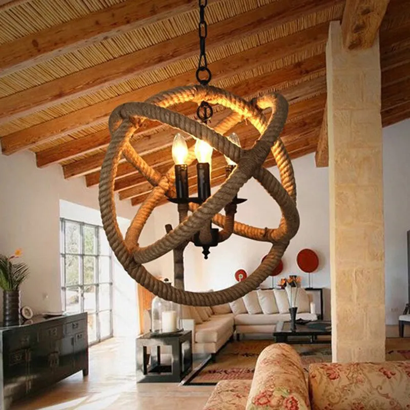 White Orbit Globe Pendant Chandelier with Hemp Rope - Farmhouse Style Ceiling Light for Dining Room - 3 Bulbs