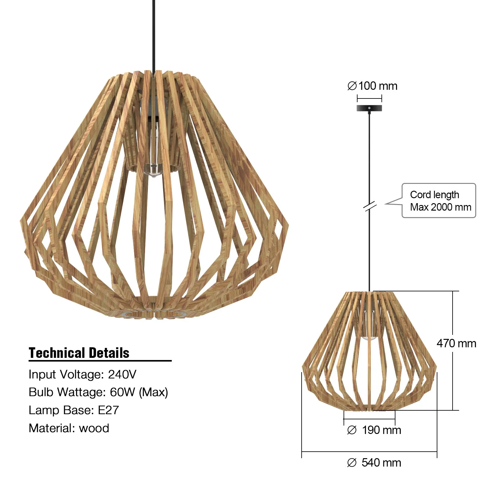 YARA Modern Timber Pendant Light Kitchen Bench top Solid Wood Light Beige